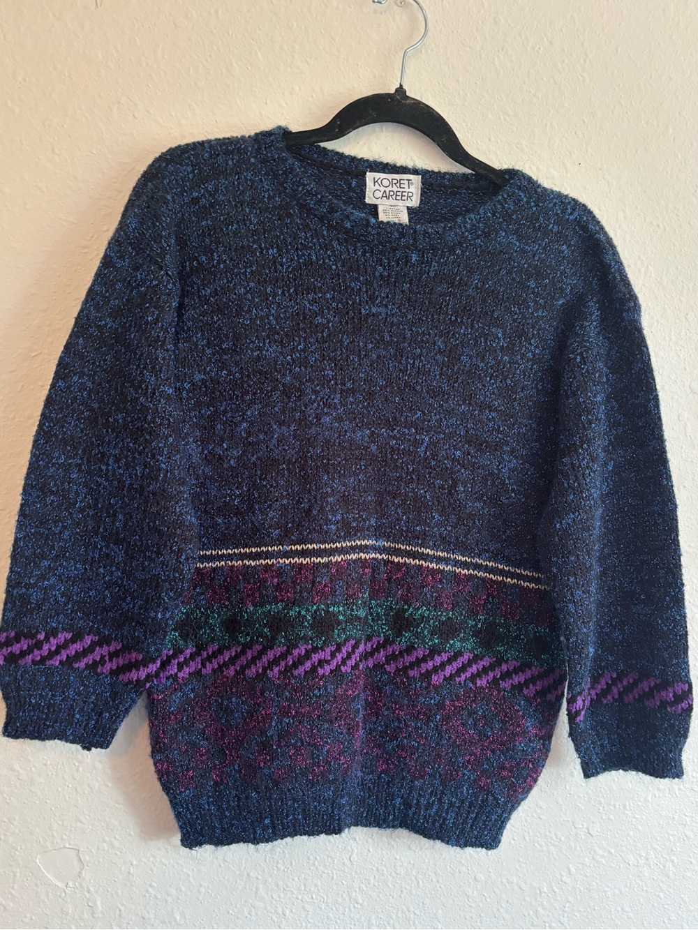 Koret Retro Navy Crewneck Sweater with Purple & Green Pattern